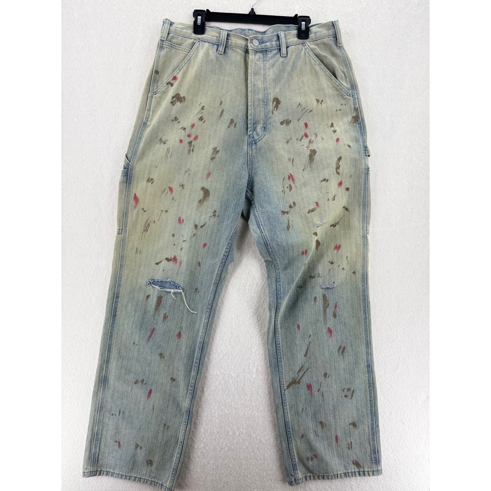 mnml - Carpenter Pants Paint Splatter Distressed Herringbone - Blue - 34 - Mens
